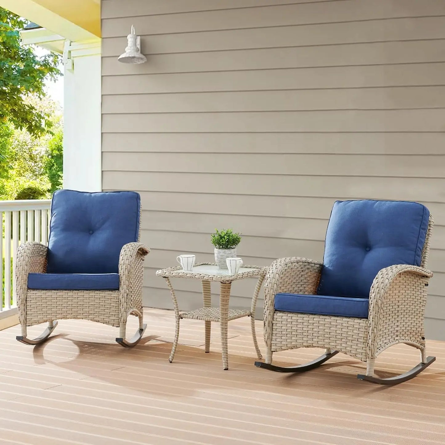 Chairs Set of 2, Wicker Rocker Rocking Chairs for Porch, 3 Pieces Patio Furniture Sets Rocking Bistro Set with Cushions