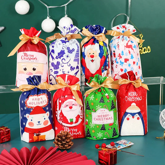 10/20pcs Christmas Plastic Drawstring Bags Candy Cookie Storage Bag New Year Gift Drawstring Wrapping Bags Santa Claus