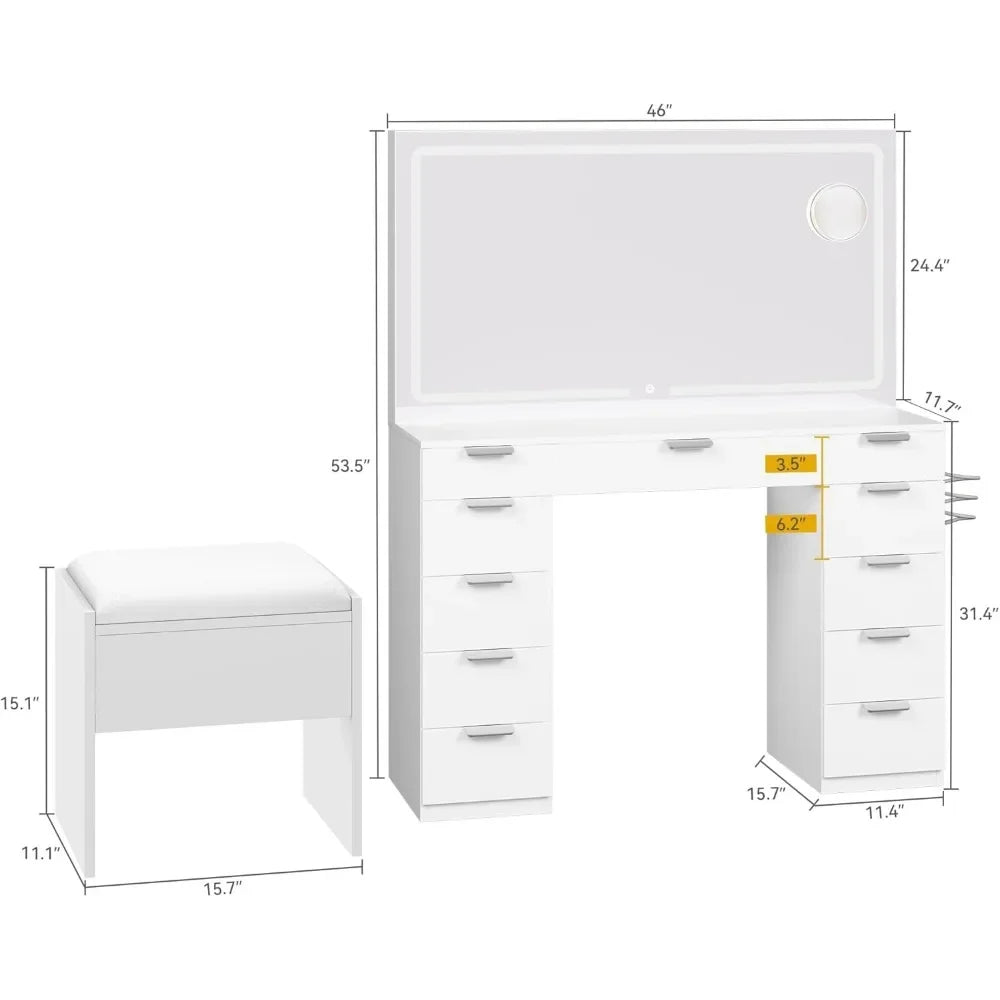 Wooden Makeup Vanity Desk Set with XL LED Mirror and Power Outlets with Storage Bench and Magnifying Glass for Bedroom dresser