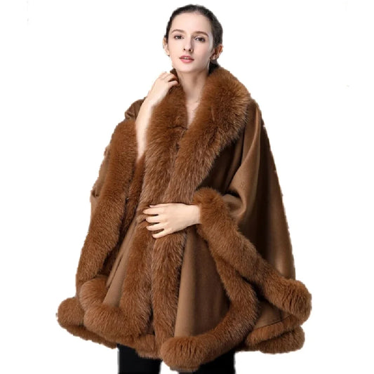 Real Fox Fur Trimming Real Cashmere and Wool Cape Shawls For Women's Wedding Party