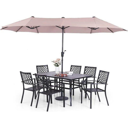 8 Piece Metal Outdoor Table Furniture Sets, with 6 Stackable Chairs, 1 Rectangle Dining Table,Outdoor Dining Table Sets