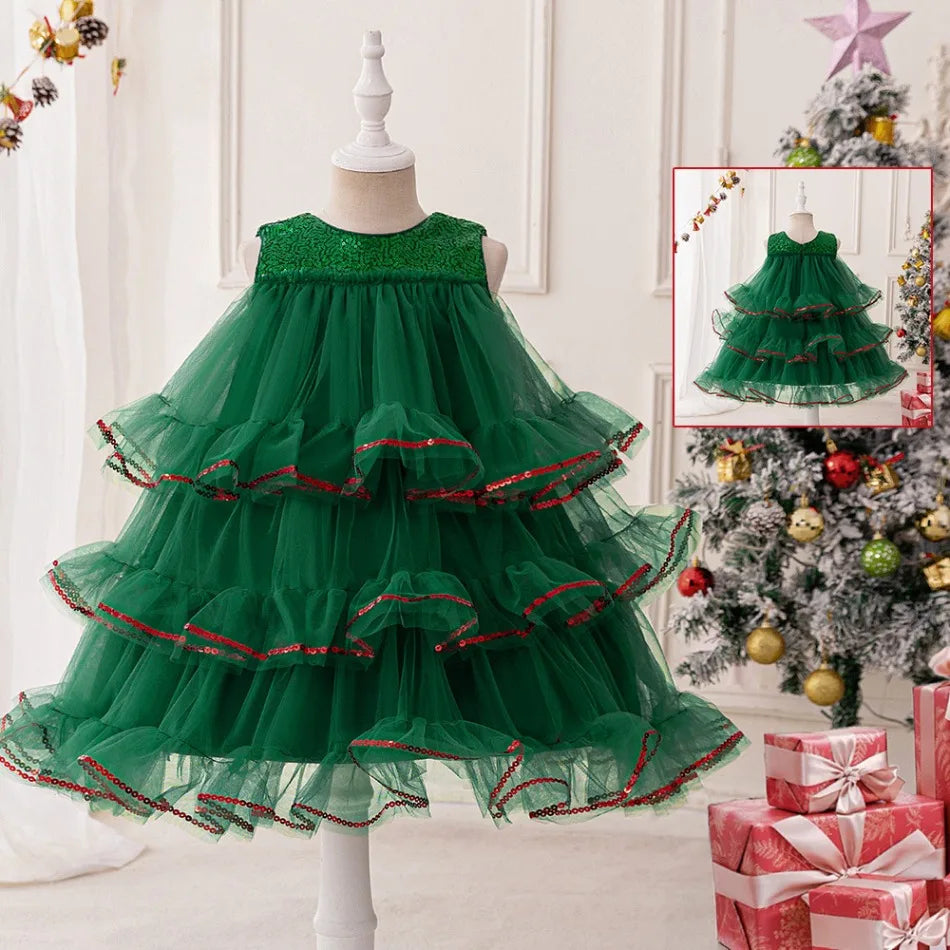 Christmas Green Lace Party Dress For Baby Girls Lace Fluffy Christening Dresses Girl Festival Carnival Costumes Kids Halloween