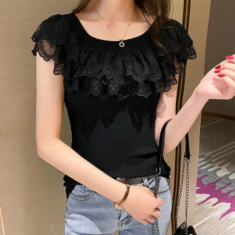 Casual Spitze Gestrickte Tops T-shirts Frauen 2024 Mode Elastische Weiß Schwarz Lila Top Sexy Damen Kawaii T Shirts koreanische Kleidung