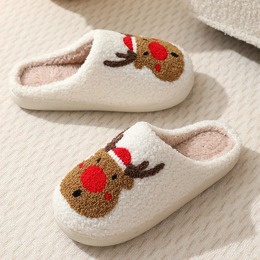 Christmas Deer Slippers Slip-On Comfy House Slippers Women Men Bedroom Slipper Women Fuzzy Fluffy Slippers for Christmas Gift