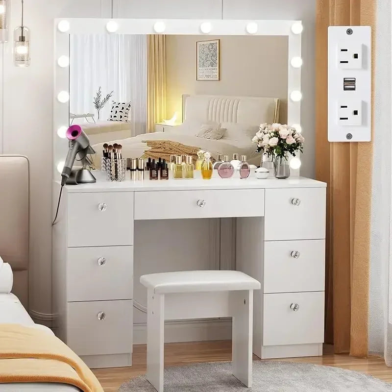 Vanity with Lighted Mirror - Makeup Vanity Desk with Power Outlet and 7 Drawers, 3 Color Lighting Modes Adjustable Brightness