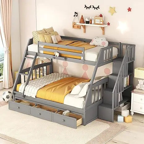 Twin-Over-Full Bunk Bed, with Stairs and Storage Drawers, Ladder, for Kids Teens Adults, Solid Wood Bunk Bed Frame