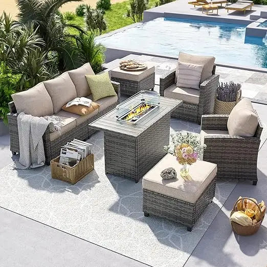 Outdoor Furniture Sets, with Fire Pit Table, 6 Pieces Outdoor All-Weather Wicker Rattan Sofa Ottoman,  Garden Furniture Sets