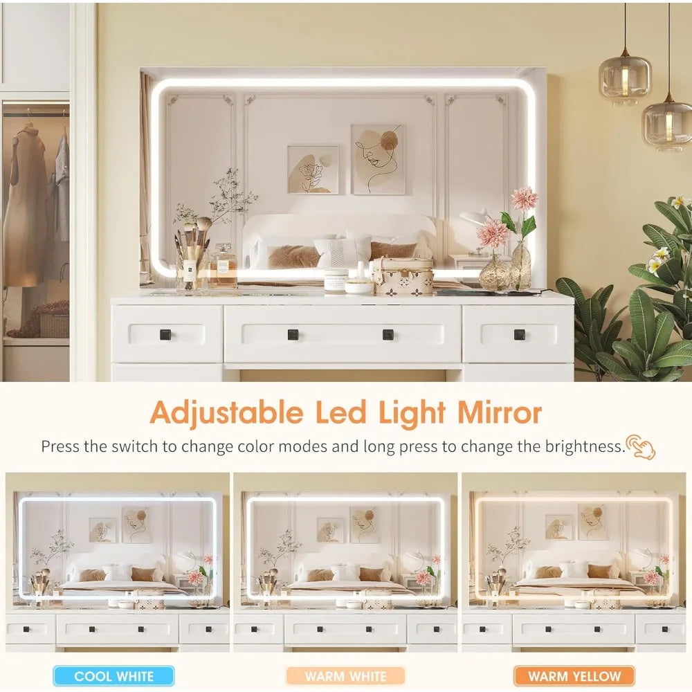 Vanity Desk with Large Led Mirror and Power Outlet, Makeup Vanity with Glass Top & 7 Drawers, 3 Lighting Modes Vanity Table