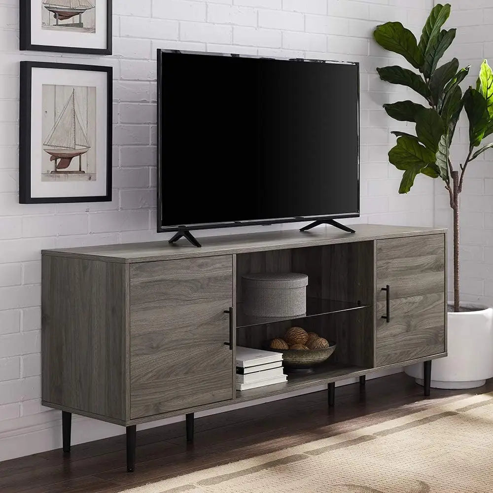 Saxon Mid Century Modern Glass Shelf TV Stand for TVs up to 65 Inches, 60 Inch, Slate Grey