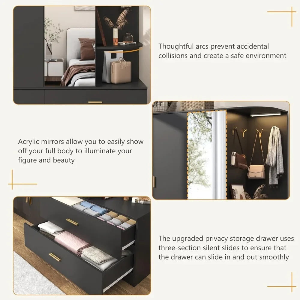 Wardrobe Closet with Mirror and Sensor Light, Armoire with 5 Doors 2 Drawers, Modern Wooden Large Wardrobe Closet with Shelves