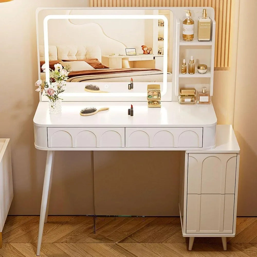 Vanity Makeup Desk 3 Color Lights and Mirror Vanity Table with Charging Station Dressers 4 Drawers