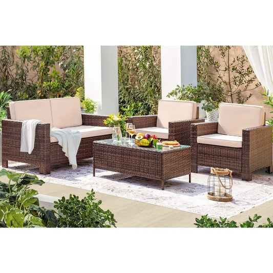 4 Pieces Patio Furniture Sets Rattan Chair Wicker Conversation Sofa Set, Outdoor Indoor Backyard Garden Poolside Balcony Use