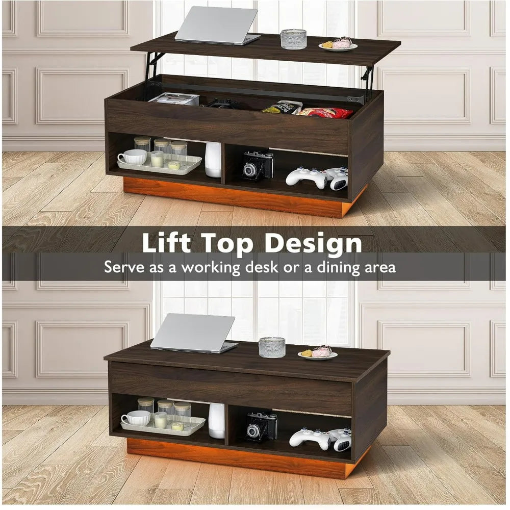 LED Lift Top Coffee Table and TV Stand Set of 2 Desk Coffee Table With Hidden Compartment & 2 Open Shelve Walnut Side Tables