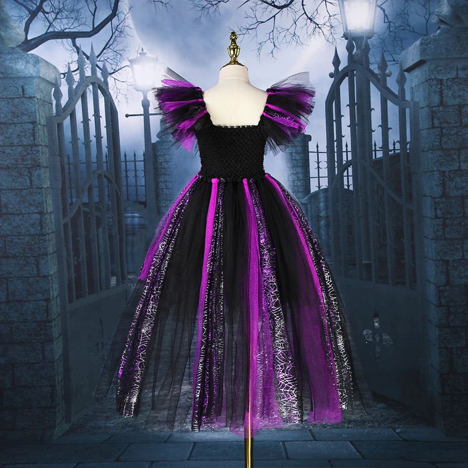 Disney Witch Costume Girls Purple Mesh Trailing Dress Maleficent Deluxe Girls Fancy Halloween Party Kids Cosplay Clothes 2-12T