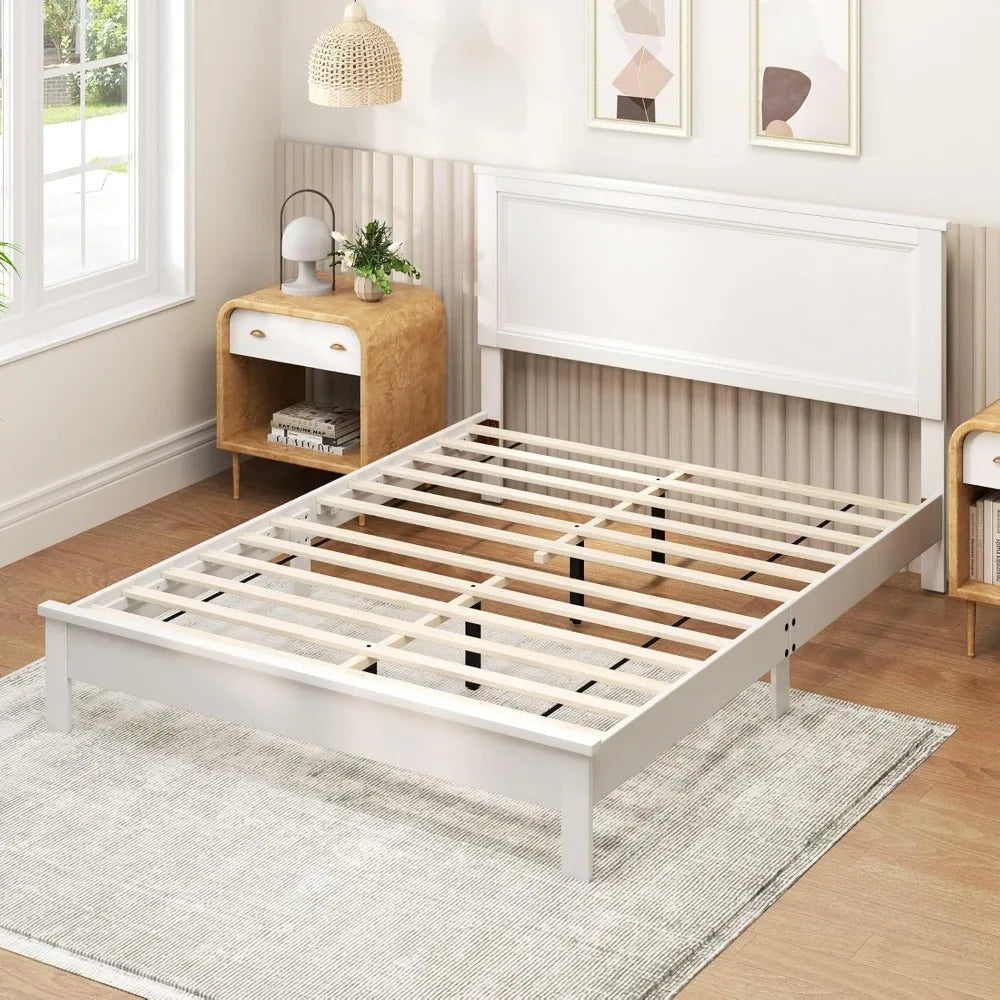 White Bedroom Beds Wooden Mid Century Platform Bed With Slat Support & Under Bed Storage No Box Spring Needed Double Bunk Queen