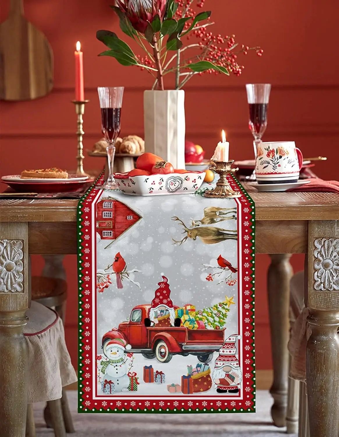 Christmas Truck Snowman Gnome Linen Table Runner Party Decor Xmas Tree Table Runners Kitchen Table Decor Christmas Decorations