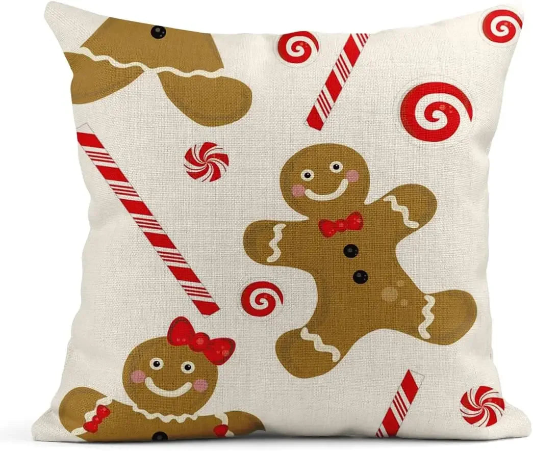 Throw Pillowcase Red and White Candy Cane Gingerbread Man Square Linen Home Decoration Cushion Cover Sofa 45x45 pillow case