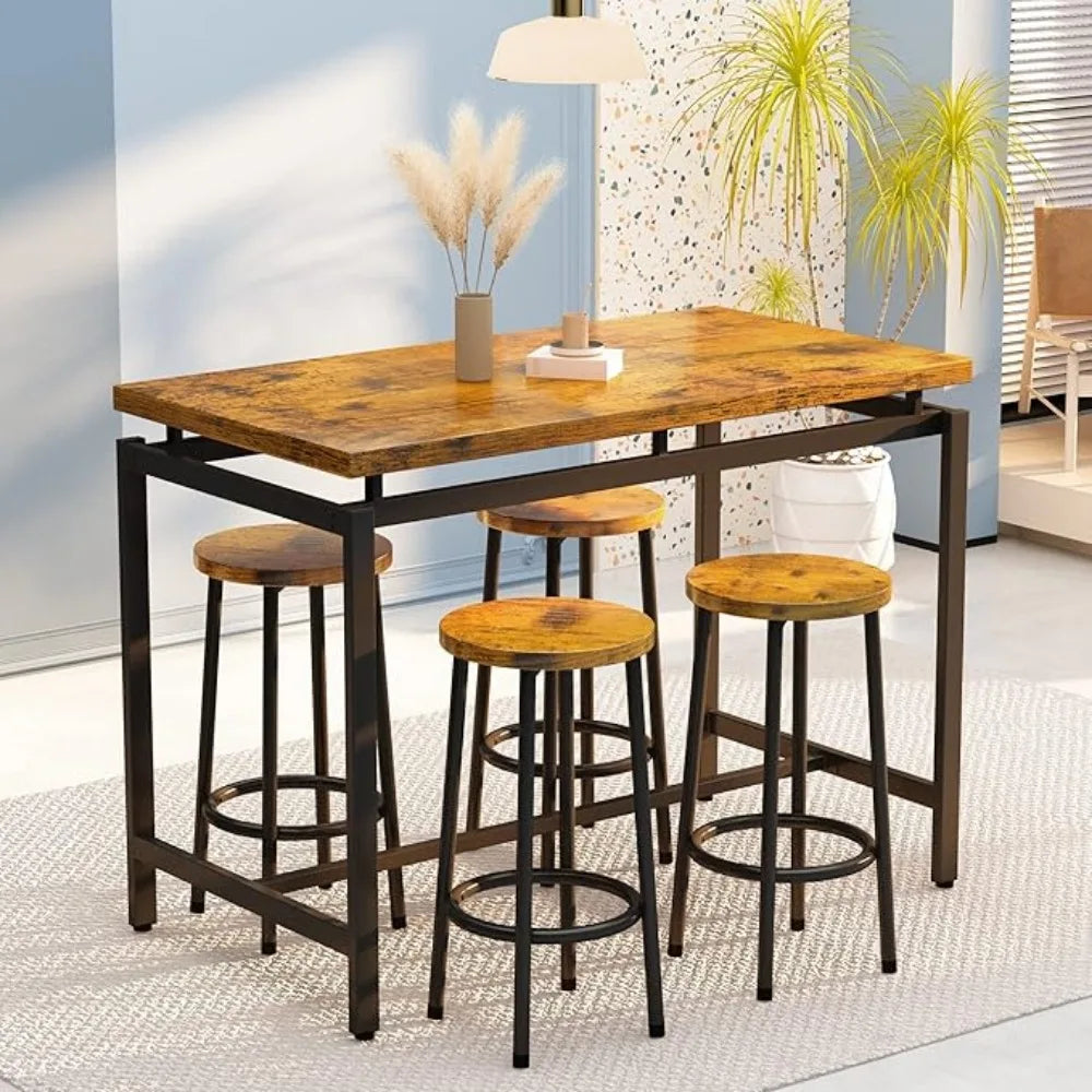 Bar table and set of 4 chairs, industrial counter height bar table with bar 5-piece set, PU upholstered stool with backrest