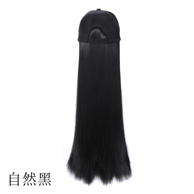 Synthetic Wig Fashionable One-piece Matte Silk Natural Long Straight Hair Baseball Cap Hood Hat Black Brown Ladies Daily Wear