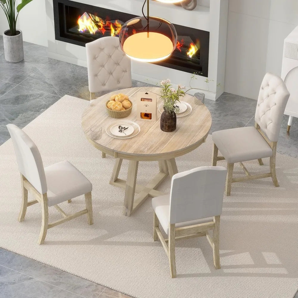 Dining Table and Chairs, 5 Piece Dinings Room Table Set with Extendable Table and Upholstered Chairs,Wood Dining Furniture Set