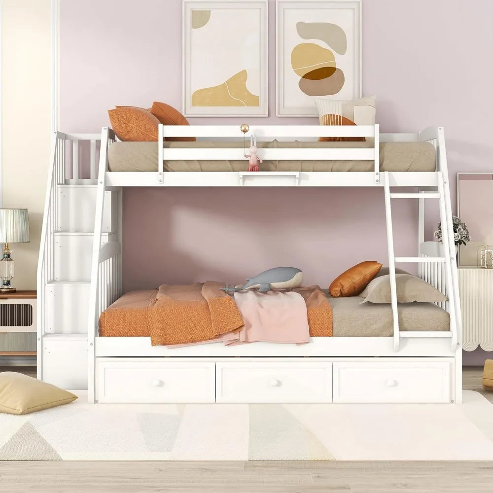 Twin-Over-Full Bunk Bed, with Stairs and Storage Drawers, Ladder, for Kids Teens Adults, Solid Wood Bunk Bed Frame