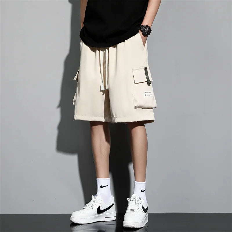 2024 New Summer Men's Loose Cargo Shorts Y2k Multi-Pockets Wide Leg Baggy Short Pants Ice Silk Quick Dry Straight Casual Shorts