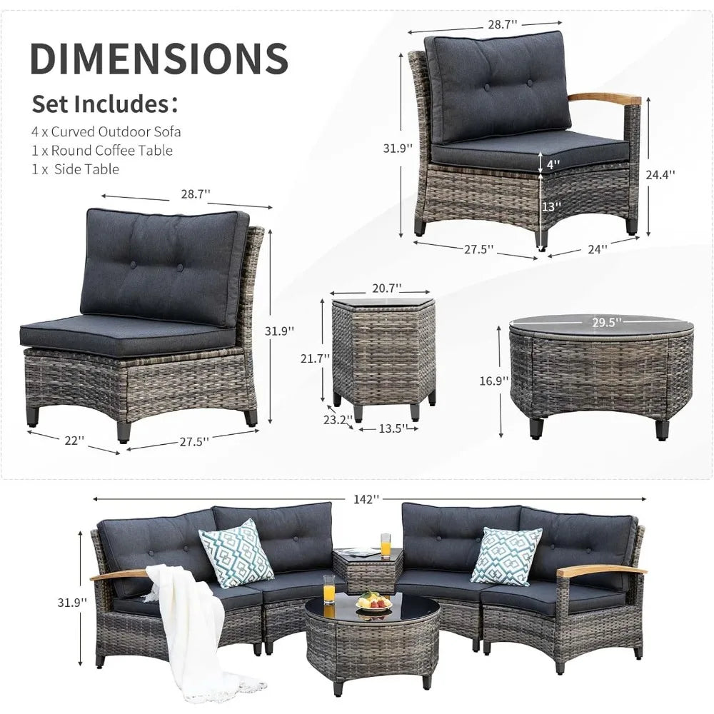 Outdoor Sofa Set, with Wood Armrests, Tempered Glass Round Coffee Table & Side Table, 6 Piece Outdoor Patio Furniture Set