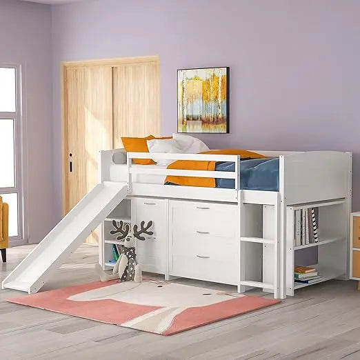 Loft Bed with 5 Drawers,5 Shelves, Slide and Ladder, Twin Size Loft Bed for Family, Teens, No Box Spring Needed,WoodBed Frame