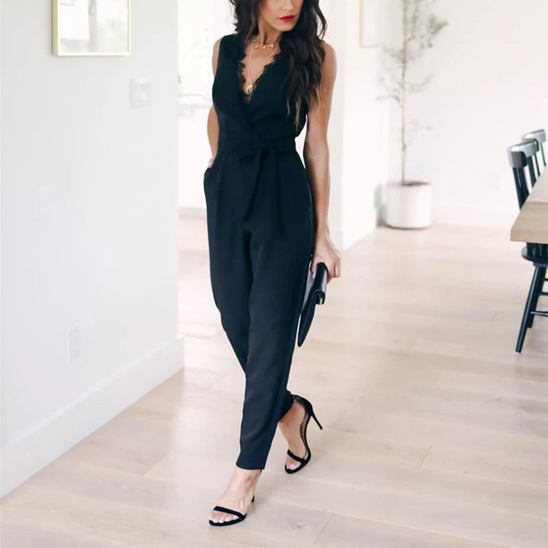 Fashion Lace Women Jumpsuit With Belt Sleeveless 2022 Summer New Casual V-neck Solid Women Black Jumpsuits Fashion Female Pants