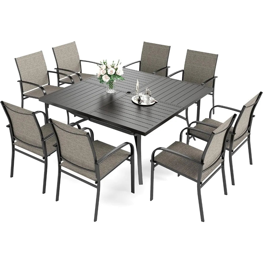 9 Pieces Patio Dining Set,8 X Brown Textilene Dinings Chair and 60" Square Metal Dining Table, Outdoor Table and Chairs Set