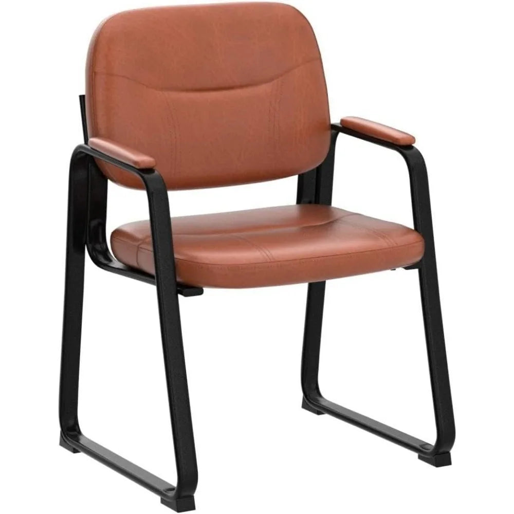 Waiting Room Reception Chairs No Wheel, Leather Guest Chair with Padded Arms, Modern Brown Office Desk Chairs with Sled Base