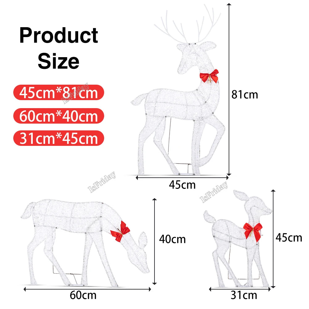 3pcs Iron Art Elk Deer Christmas Garden Decoration With LED Light Glowing Glitter Reindeer Xmas Home Outdoor Yard Ornament Decor