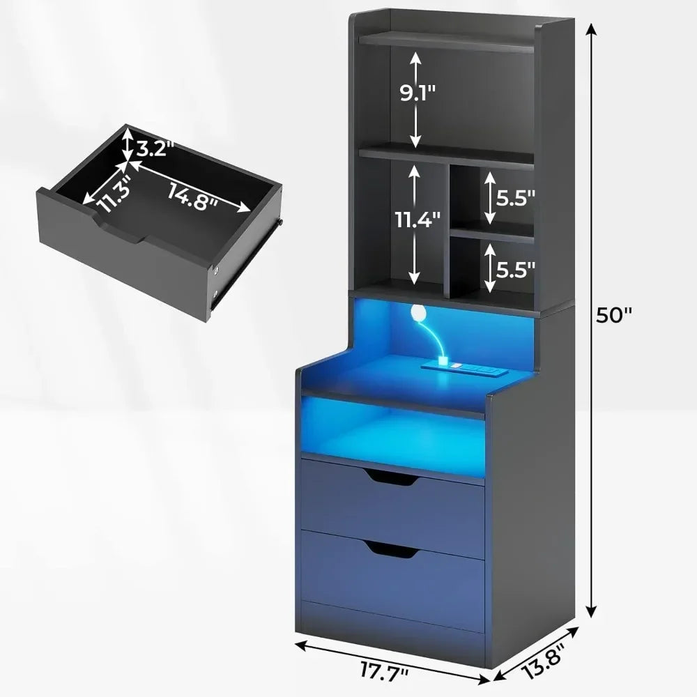 Tall Nightstand Set of 2, LED Nightstand with Charging Station,  and 2 Drawers with LED Lights and Storage,Side End Table