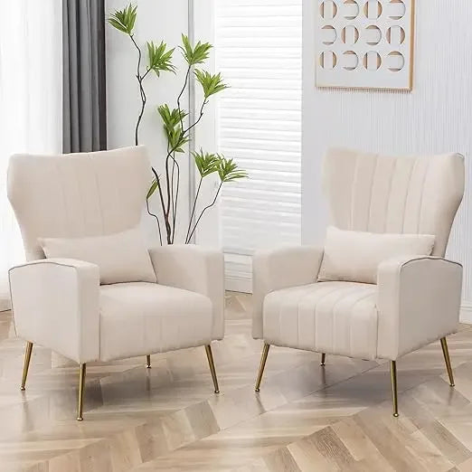 Accent Chairs Set of 2 Upholstered Velvet Modern Comfy Wingback Armchair Single Sofa Chair with Pillows Beige,Living Room Chairs