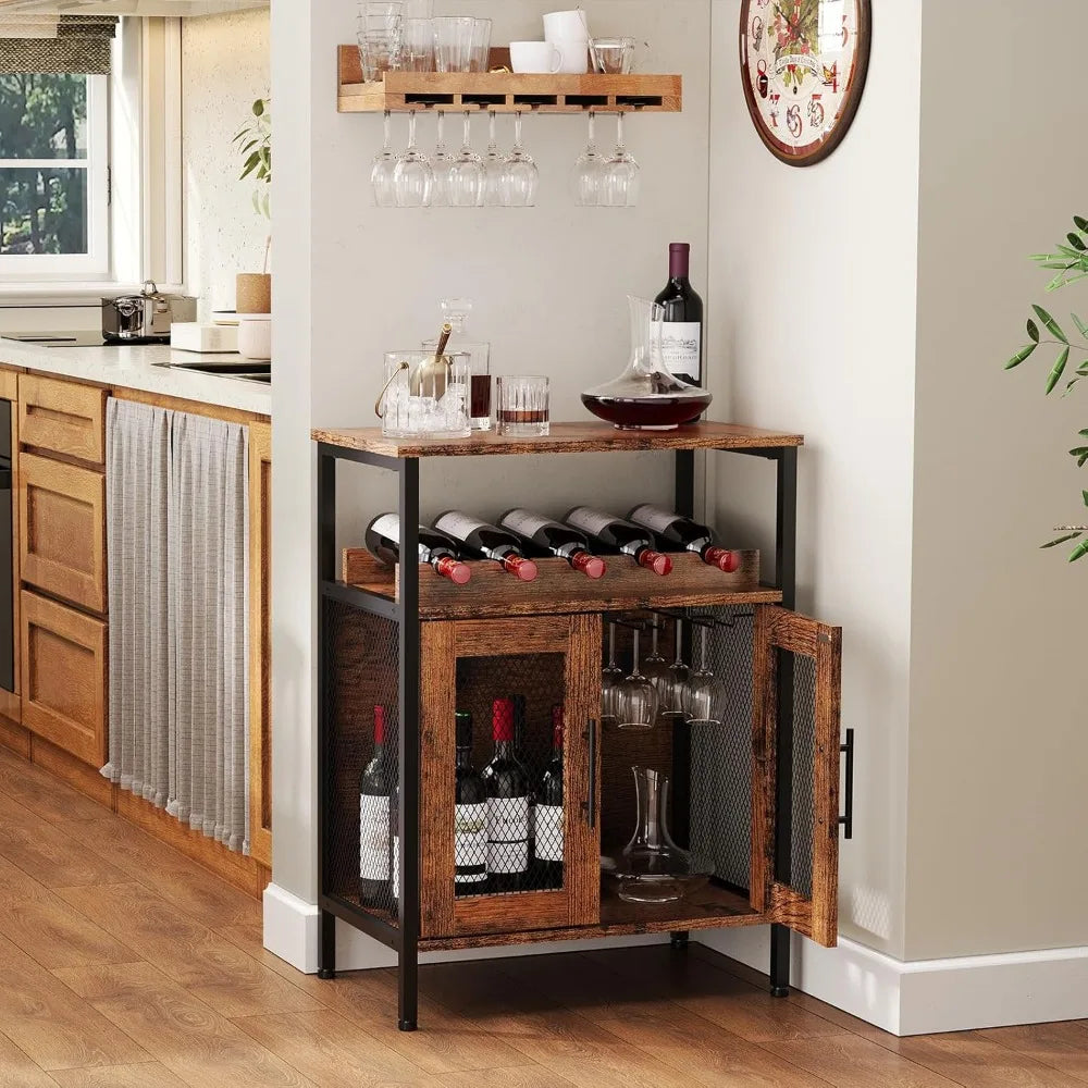 Wine Bar Rack Cabinet with Detachable Wine Rack,   with Glass Holder, Small Sideboard and Buffet Cabinet with Mesh Door,