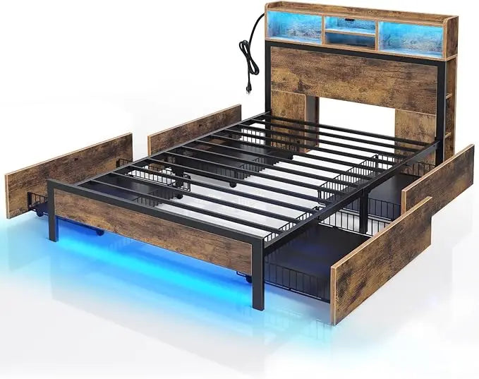 Twin Bed Frame with Storage Headboard, Metal Platform Bed with Charging Station, LED Bed Frame with 4 Drawers, Bookcase Storage