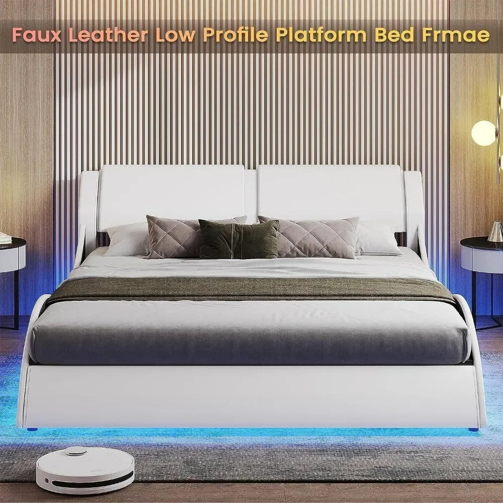 New Modern White Queen Size Bed Frame Upholstered Platform Faux Leather Full Storage Solid Wooden LED Lights with Headboard