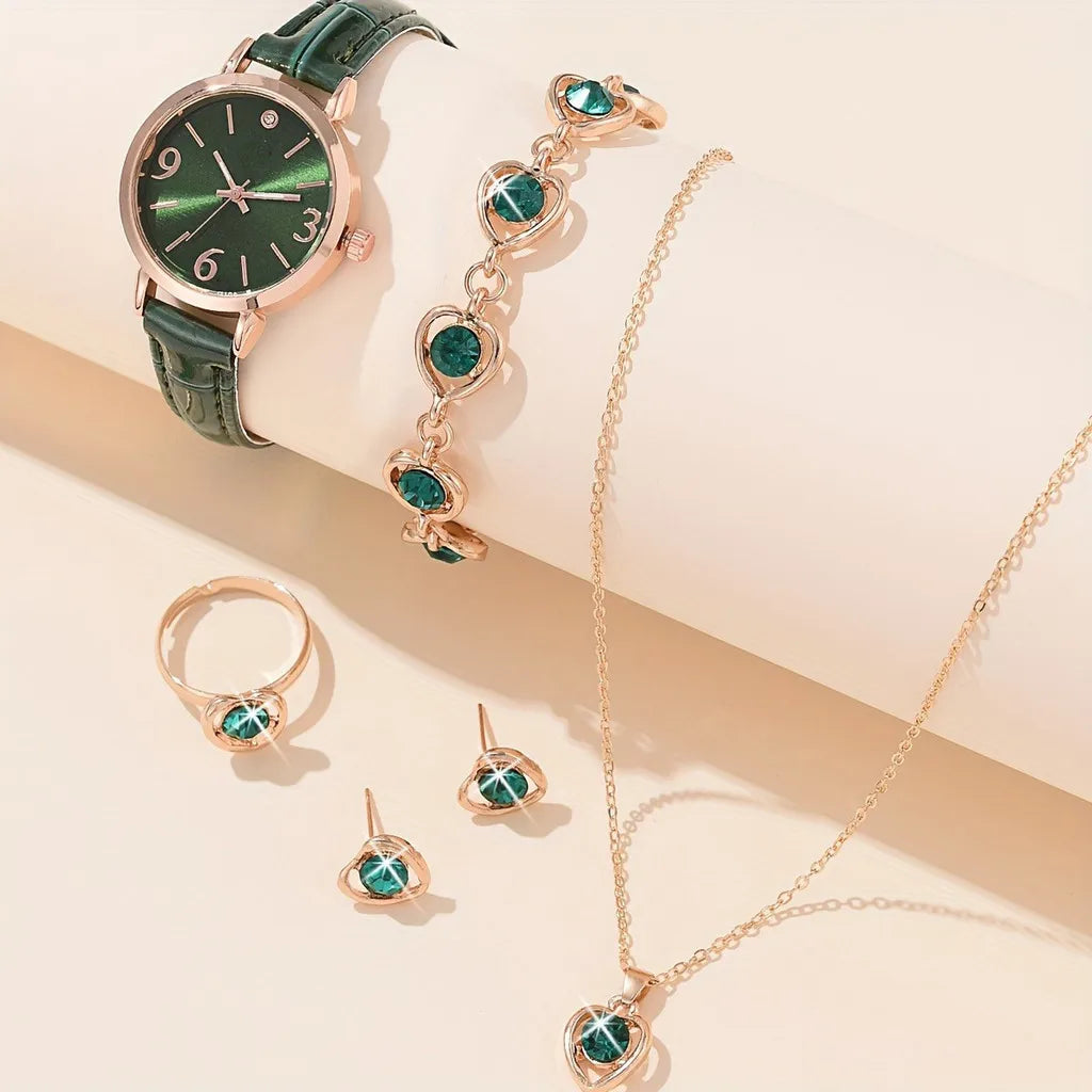 Kegllect 6PCS Women Watch Gift Set Waterproof Green Luxury Jewellery Round Diaol Fashion Ladies Birthday  NO BOX