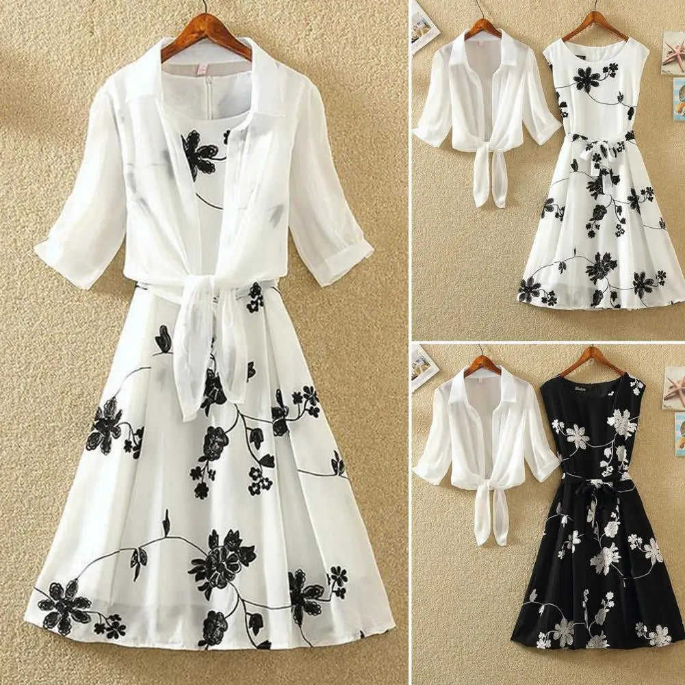 2 Pcs/Set Women Retro Dress Suit Flower Print Sleeveless Tight Waist Dress Long Sleeve See-through Cardigan Coat Dress Set