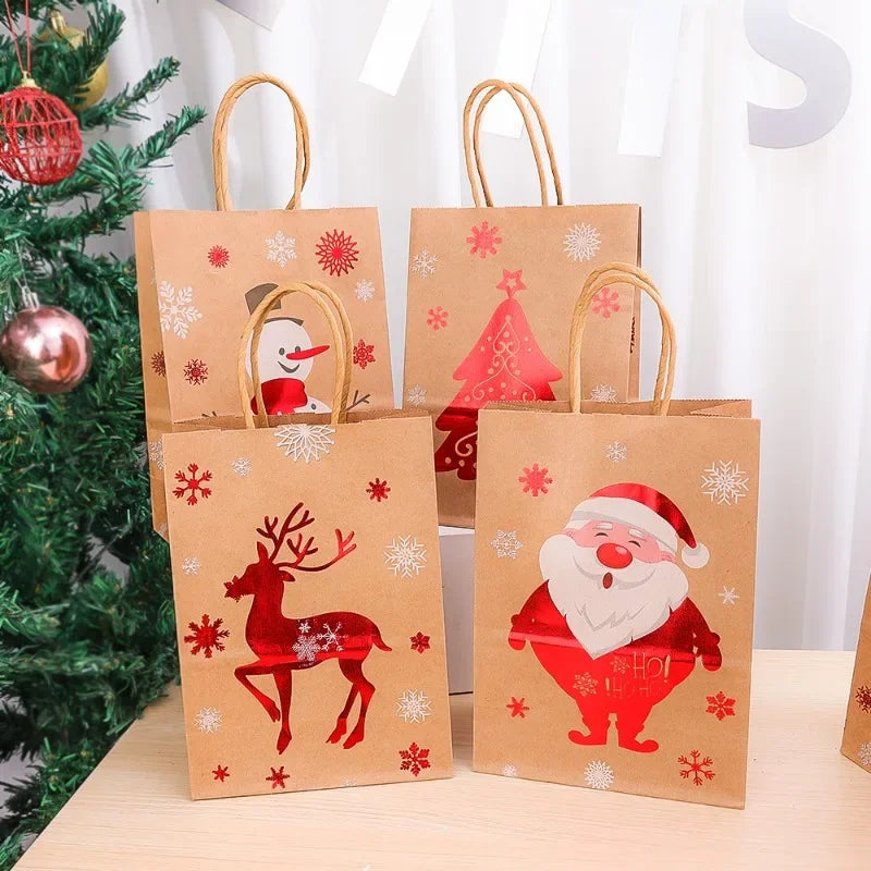 Kraft Paper Bag Christmas Packaging Gift Paper Handbag Santa Claus Snowman Pattern Merry Christmas Home Party Decor Candy Sack