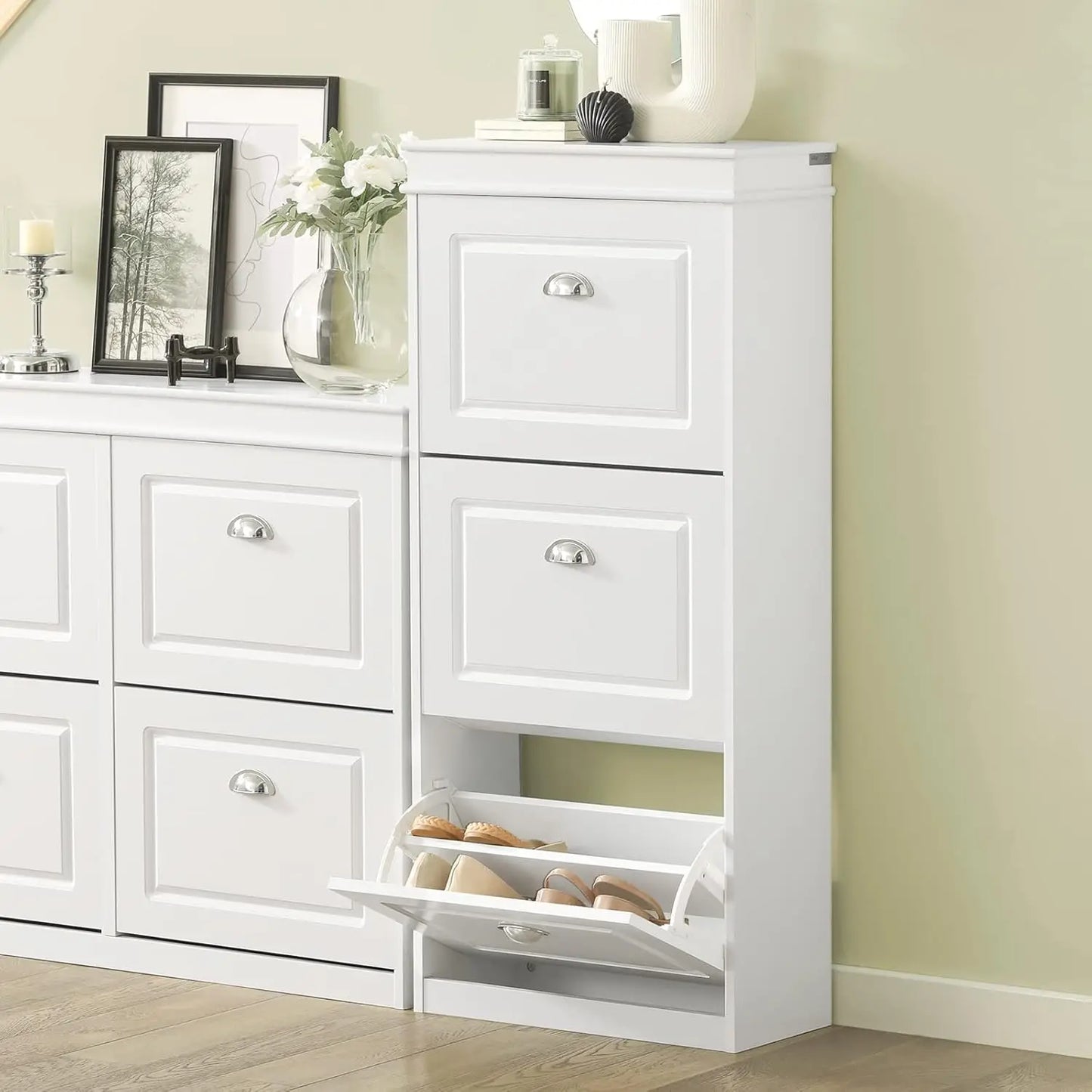 White Shoe Cabinet with 3 Flip Drawers, Freestanding Shoe Rack, Shoe Rack with Hidden Drawer(9.45" D x 20.87" W x 46" H)