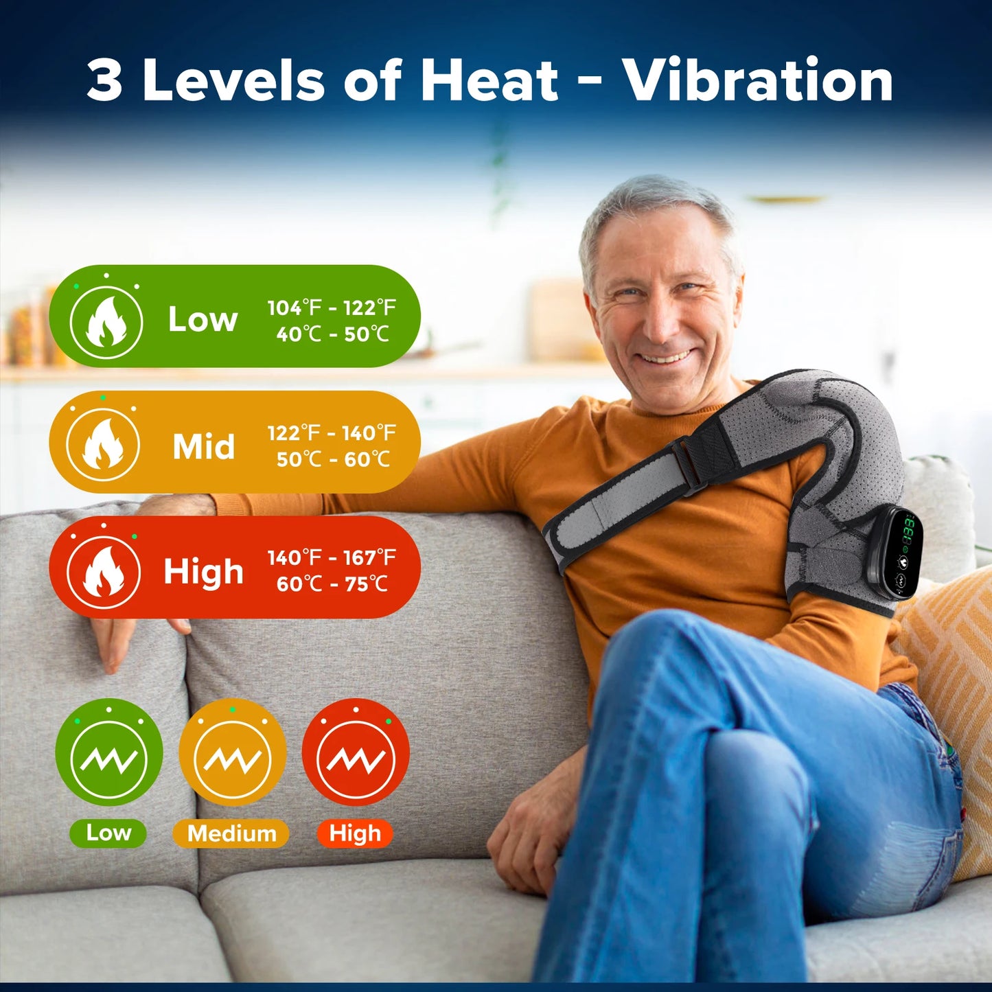 Electric Heating Shoulder Massager Brace Joint Vibration Arthritis Pain Relief LED Smart Controller Adjustable Support Belt