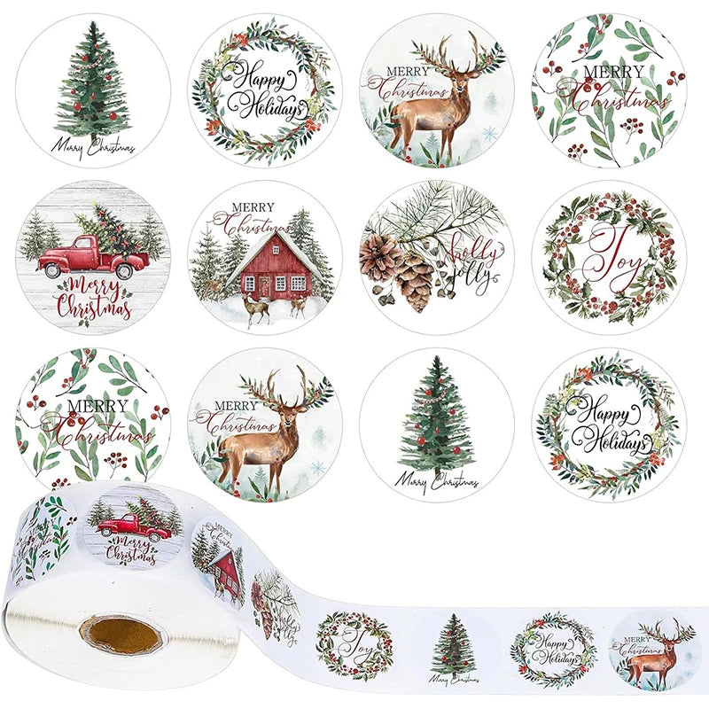 500Pcs Christmas Stickers Roll Xmas Labels Stickers Decor 2025 Merry Christmas Cartoon Packaging Decorations