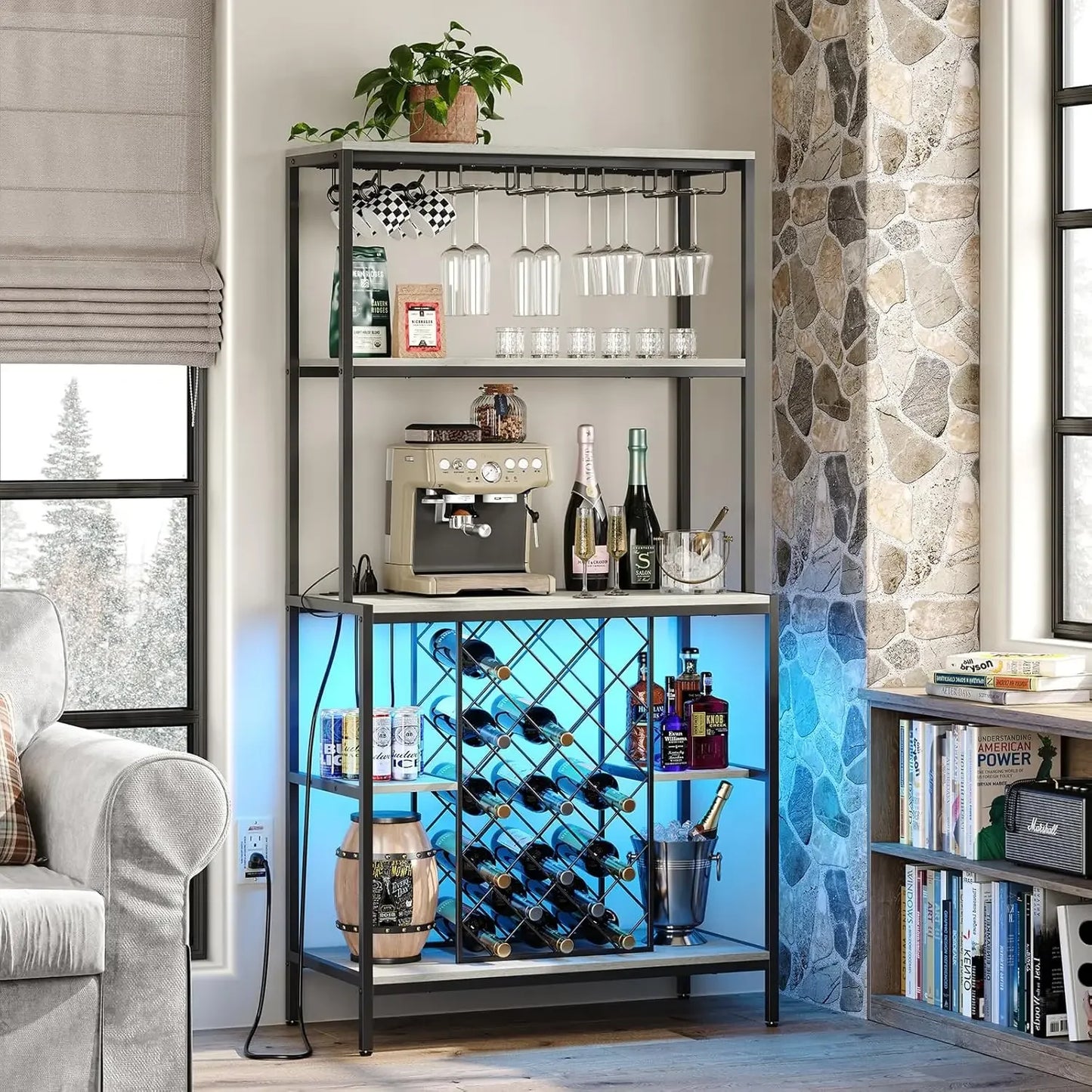 Wine Cabinet with Power Outlets & LED Lights, 5-Tier Industrial Wine Bar Cabinet with Glass Holder for Liquor Storage Wine Ranks