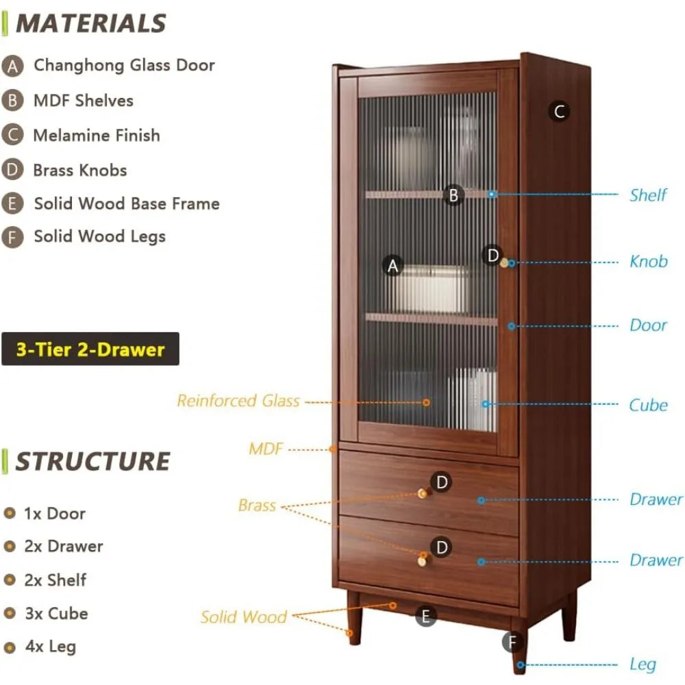 Wooden Glass Door Bookcase - 3-Tier Cube Bookshelf Storage Cabinet With Double Drawer and Adjustable Shelf Living Room Bookcase