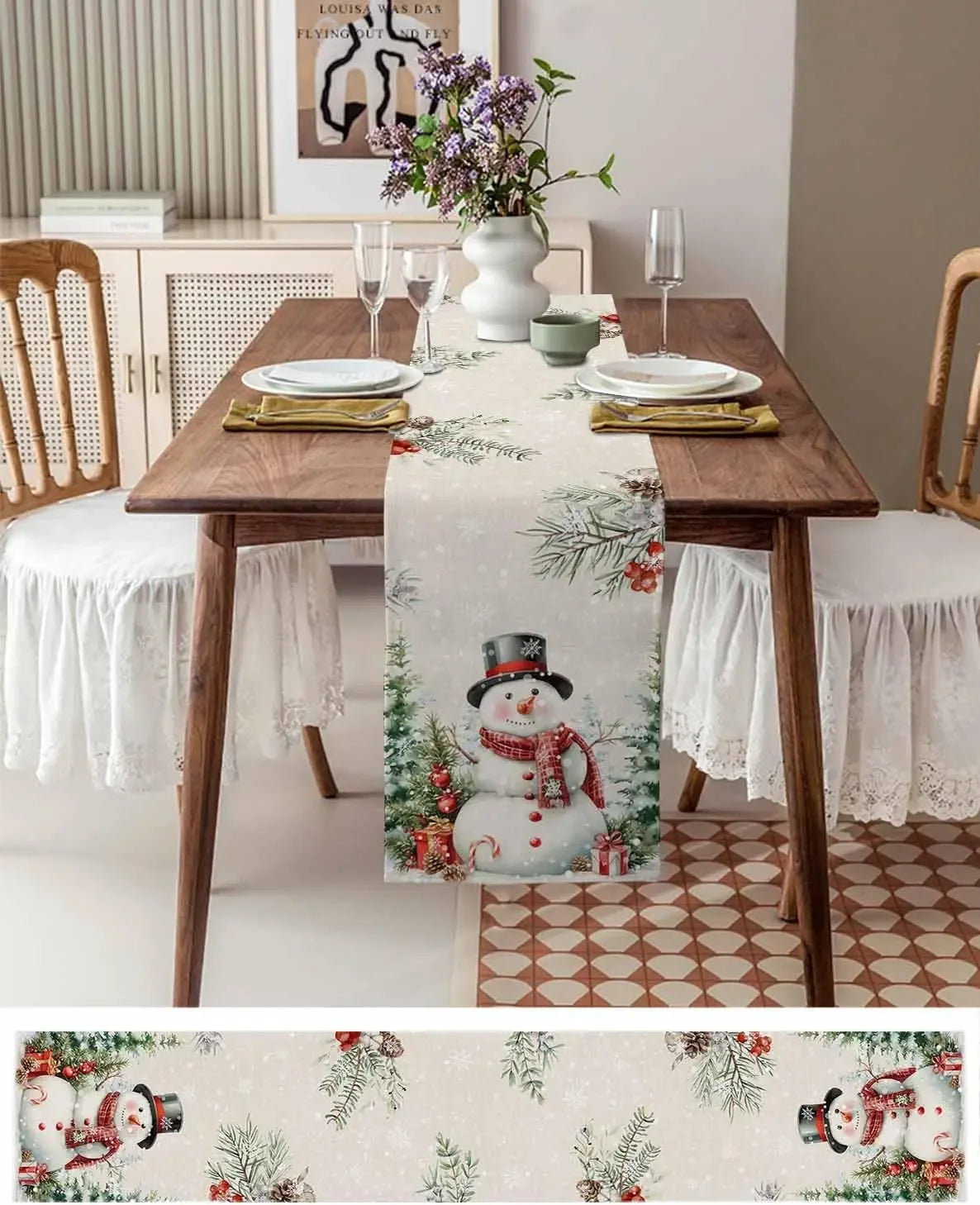 Christmas Snowman Snowflake Botanical Tree Linen Table Runners Dining Room Decor Washable Table Runner Christmas Decoration