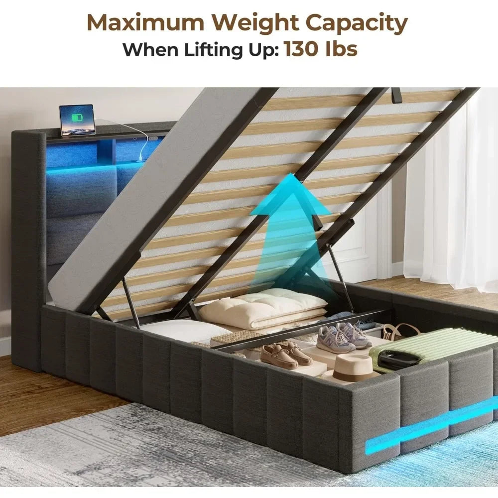 Bed Frame Twin Size with Lift Up Storage, Charging Station & LED Lights, Upholstered Storage Headboard, Heavy Duty Wooden Slats