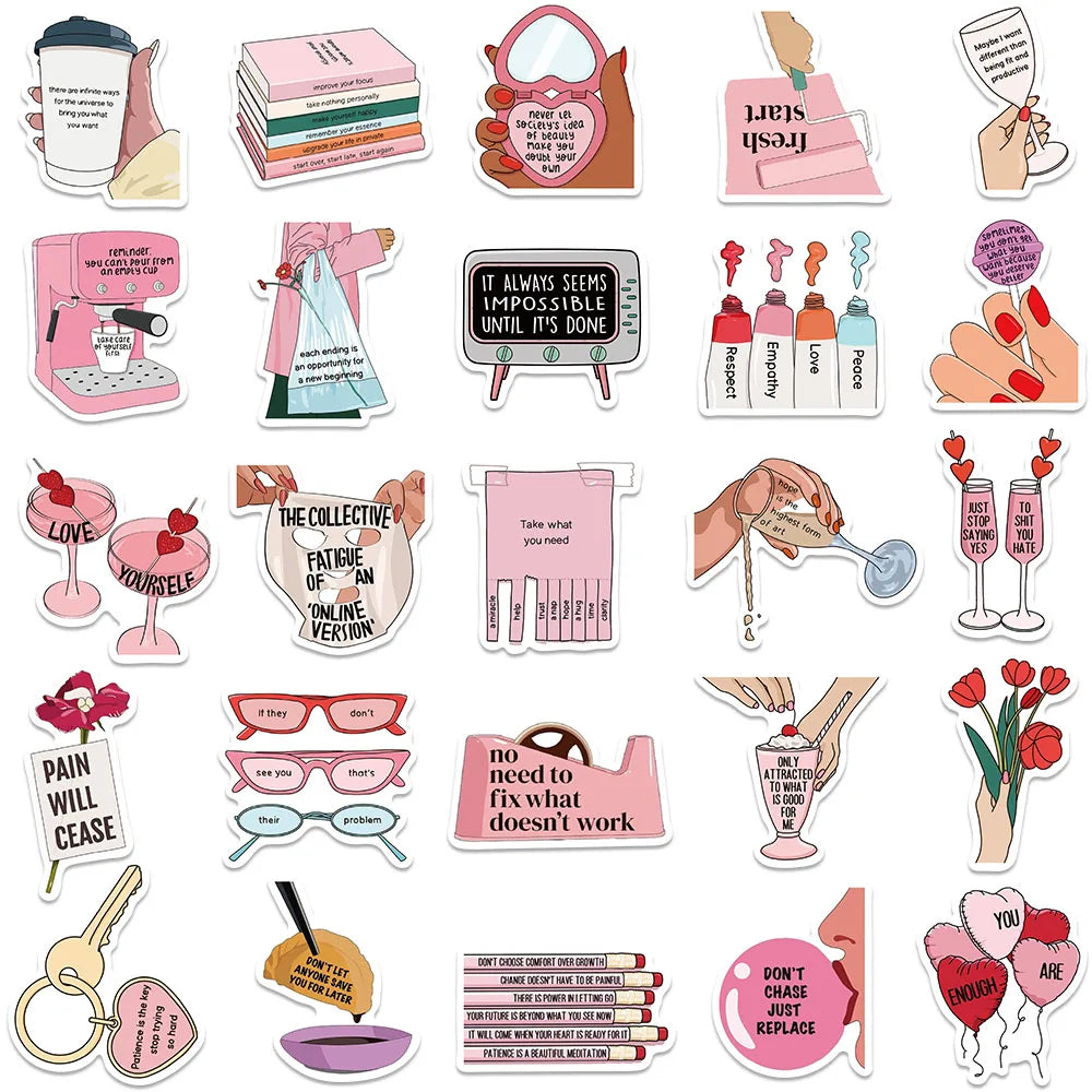 50pcs Aesthetic Cartoon Pink Motivational Stickers Positive Inspirational Stickers For Laptop Luggage Guitar Waterproof Decals