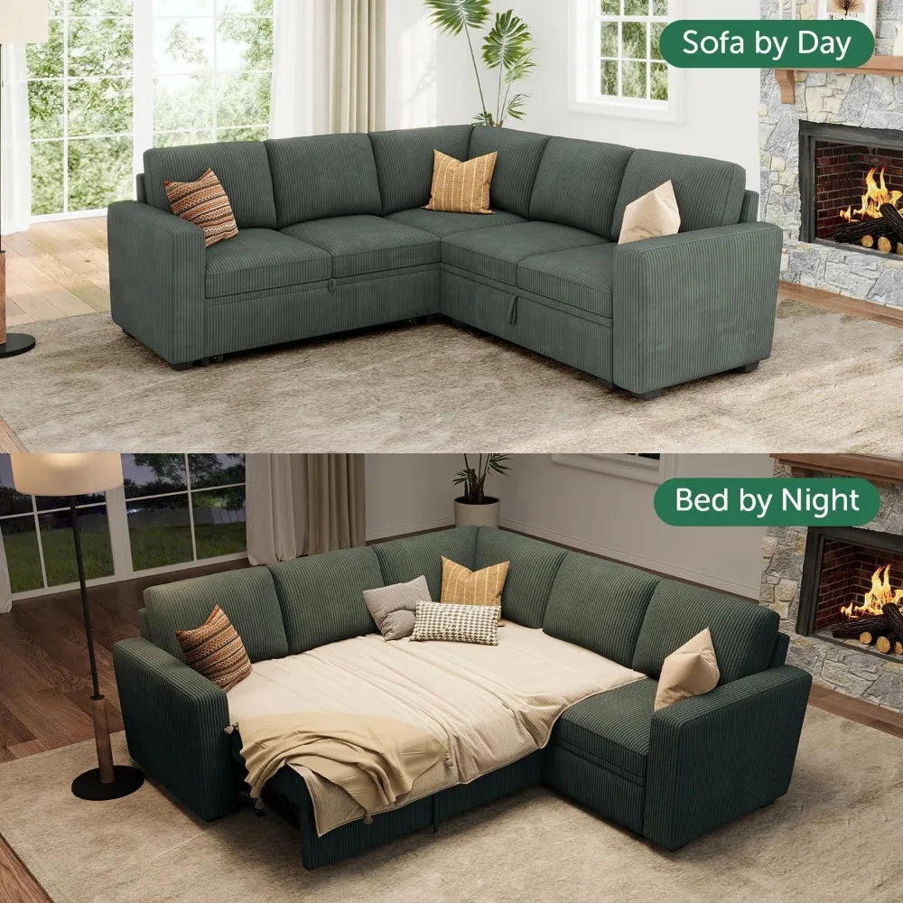 Sleeper Sofa with Pull Out Bed, Corduroy L Shaped Couch with Storage Seats, Convertible Sectional Couches for Living Room, Green