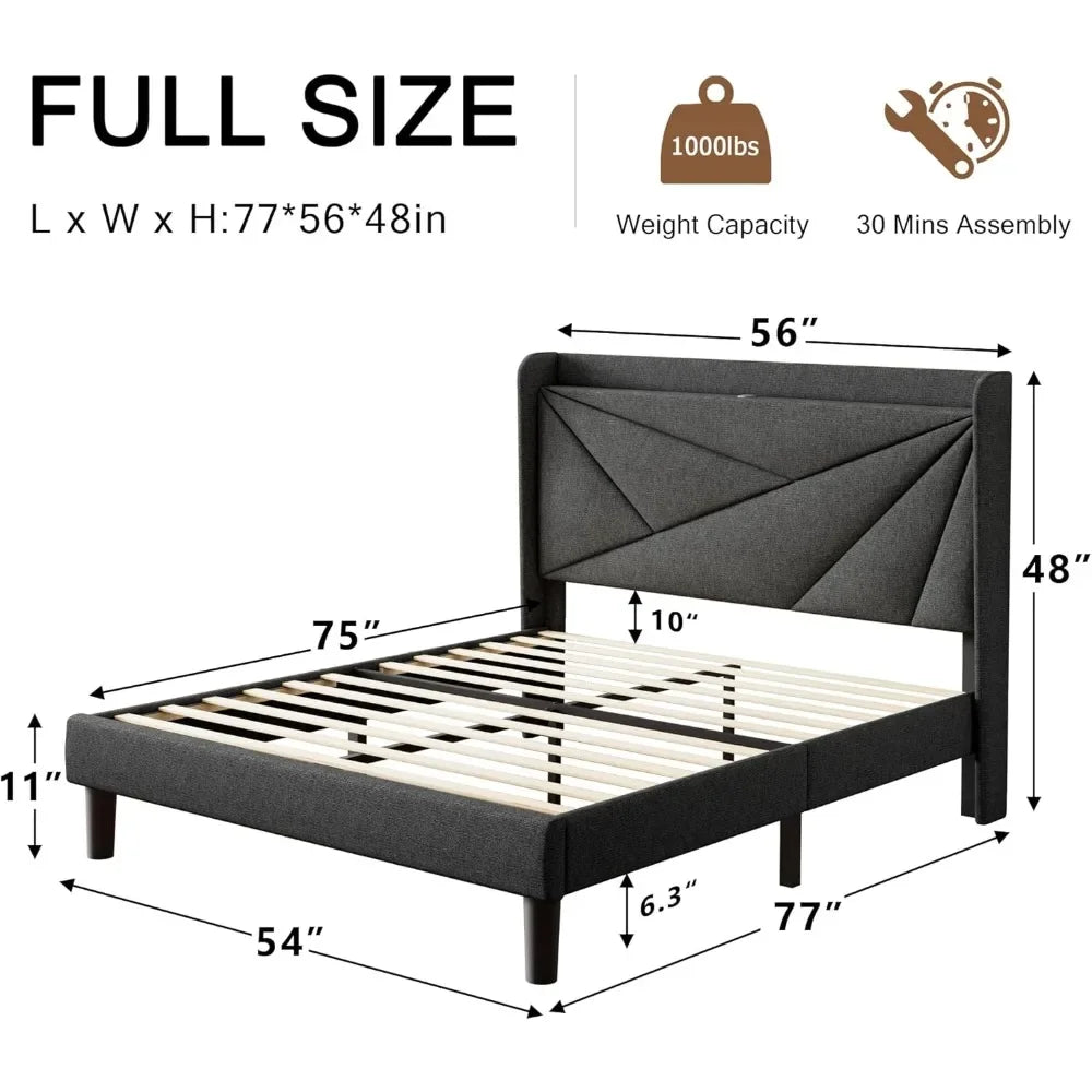 Full Size Upholstered Bed Frame with Charging Station, Platform Bed Frame with Storage Headboard, Solid Wood Slats Support